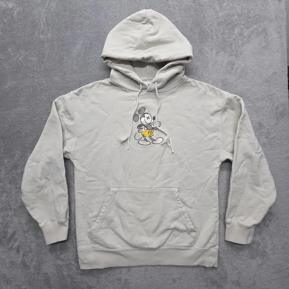 Disney Hoodie Mens M Beige Pullover Hooded Pockets Mickey Mouse Embroidered
